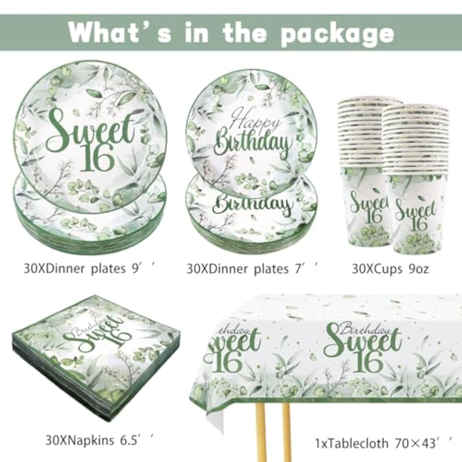 Sweet 16 Party Decorations, Sage Green 16Th Birthday Decorations For Girls 30 Guests Including Paper Plates And Napkins Cups And Tablecloth Set For Her Birthday Party Supplies