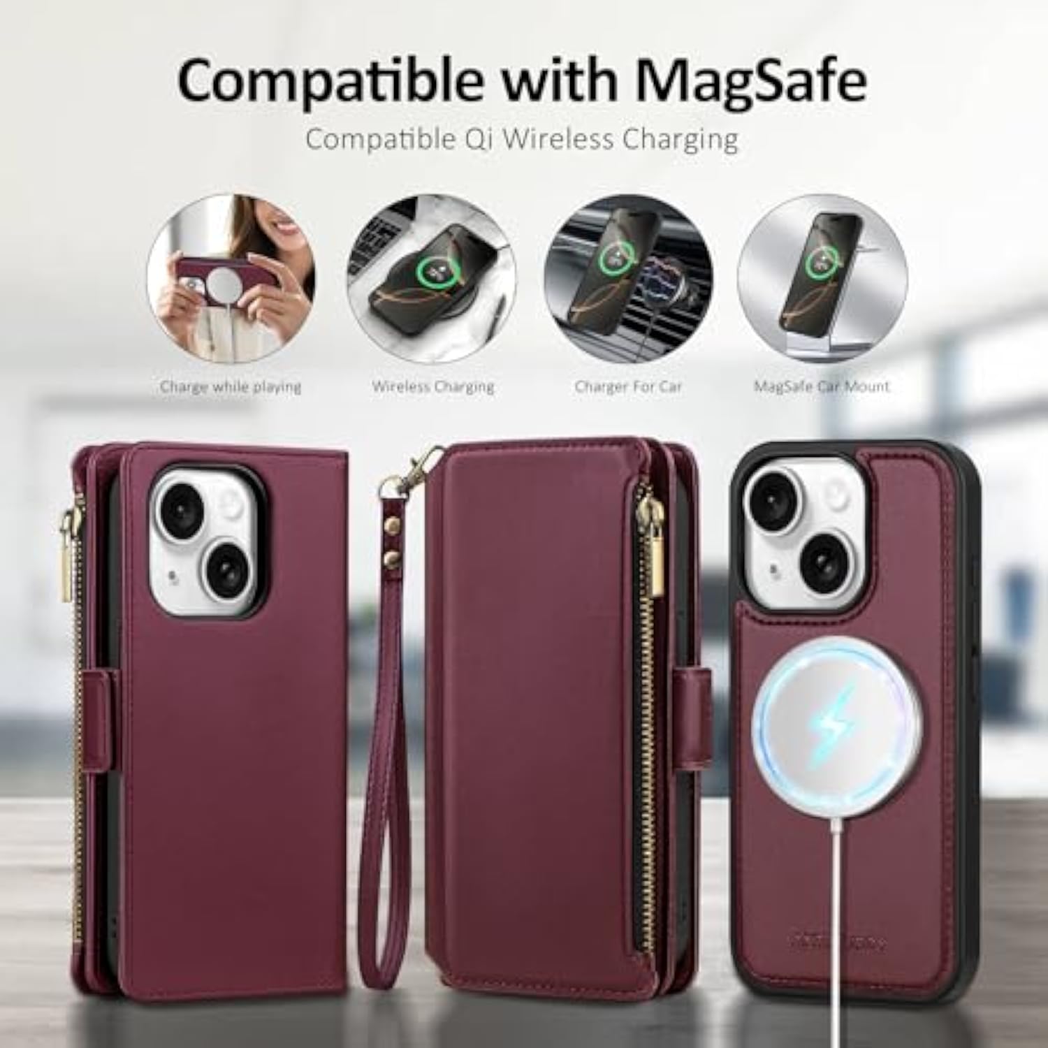 Compatible With Magsafe Magnetic 2 In 1 Detachable Iphone 15 Wallet Case With Credit Card Holder Slots,Pu Leather Flip Rfid Blocking Phone Cover Wrist Strap Zipper Women Men,Wine Red