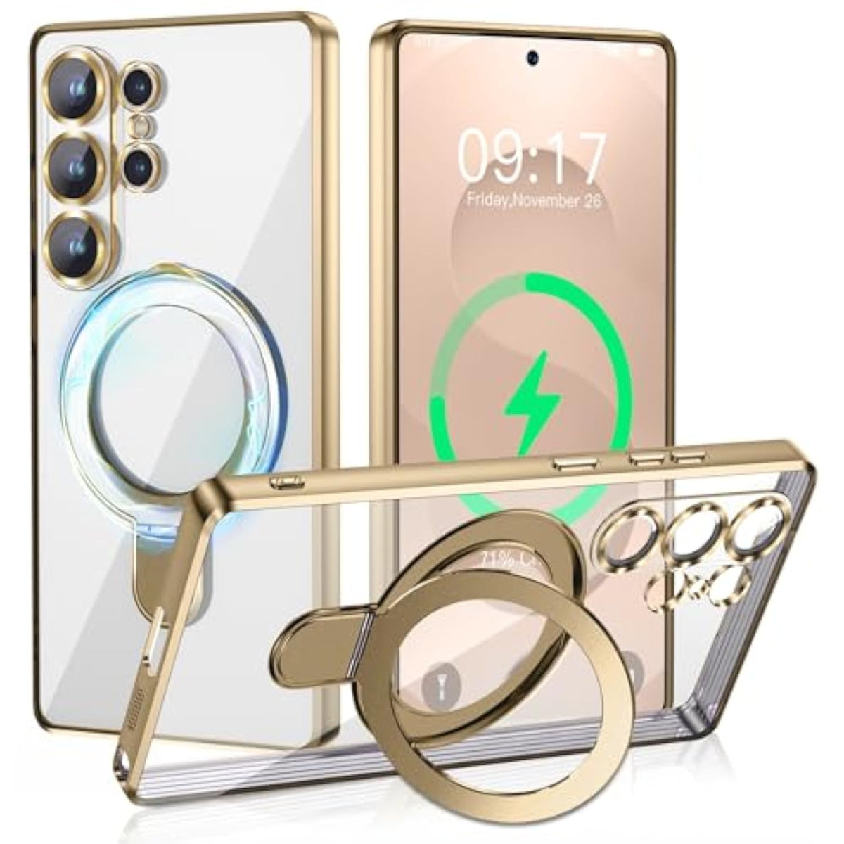 Magnetic Stand & Full Camera Lens Protector Case For Samsung Galaxy S25 Ultra[Compatible With Magsafe][Military Drop Protective] Not Yellowing Clear Slim Soft S25 Ultra Phone Case For Women Men,Gold
