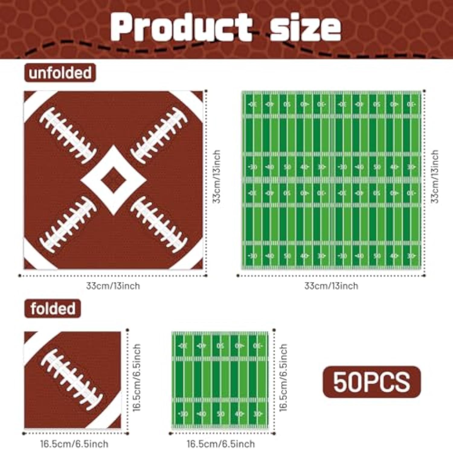 Pack Of 50, Football Paper Napkins, 25 Brown Football And 25 Green Field Design Disposable Cocktail Napkins For Sports Football Game Events Supplies Birthday Party Decorations, 13X13 Inches Unfolded