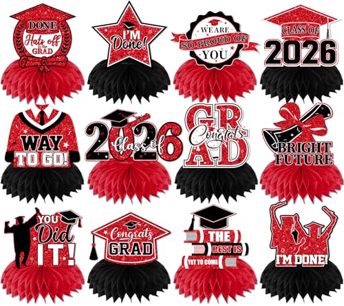 Red and Black Graduation Decorations Class Of 2026 Honeycomb Centerpiece,12pcs Red Graduation Table Decorations Congrats Graduation Centerpieces for Tables