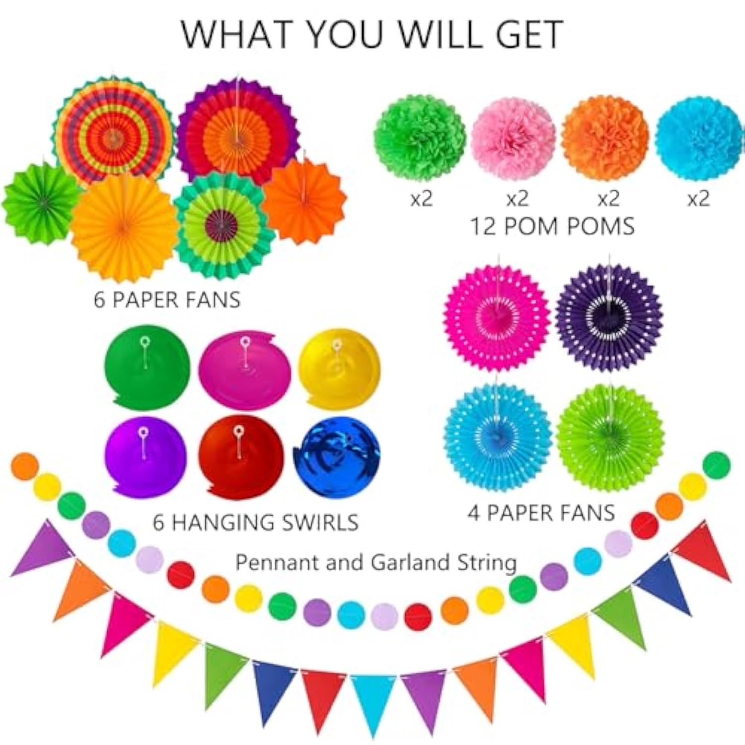 32Pcs Fiesta Party Decor Set with Fans, Garlands & Swirls – Cinco de Mayo