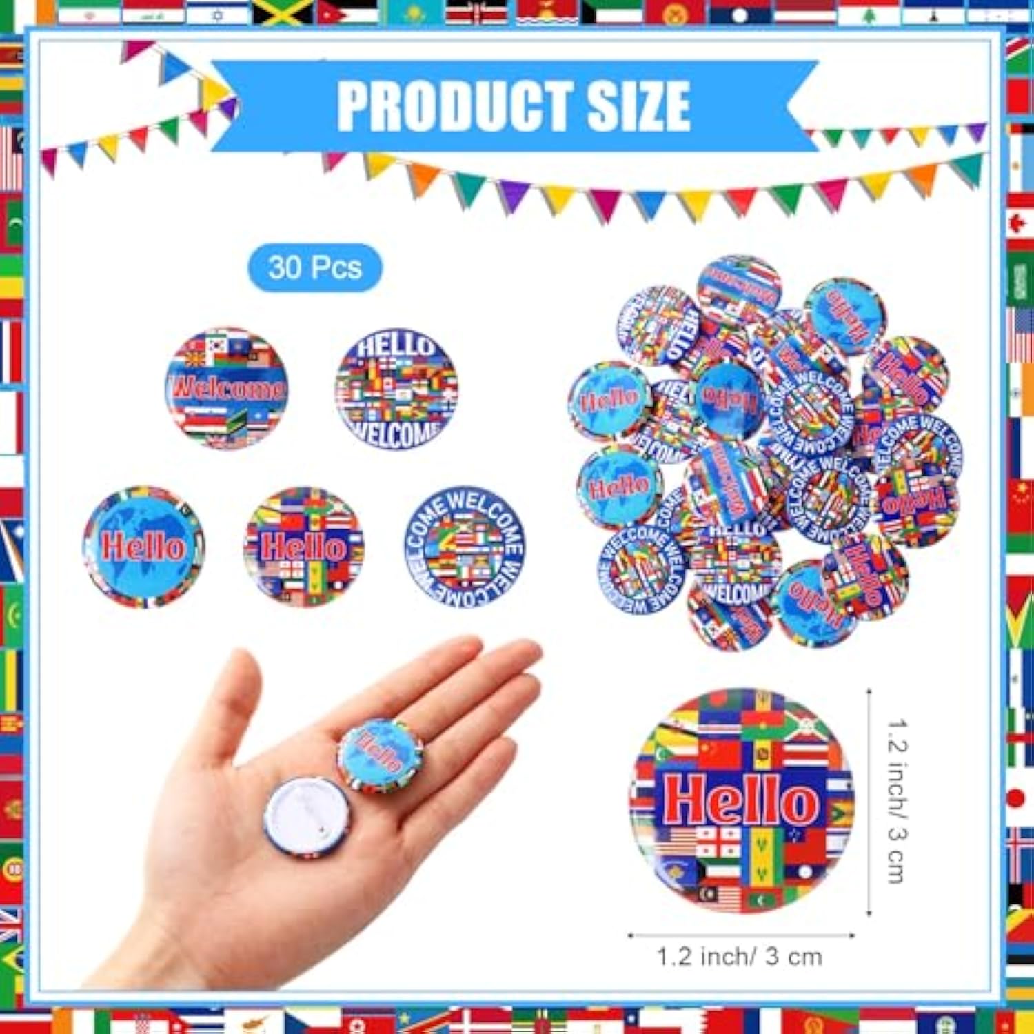 60 Pcs International Flags Of The World Party Favors: 30 Around The World Slap Bracelets, 30 Button Pins, Country Flags International Party Favor Globe History Classroom Decorations Supplies