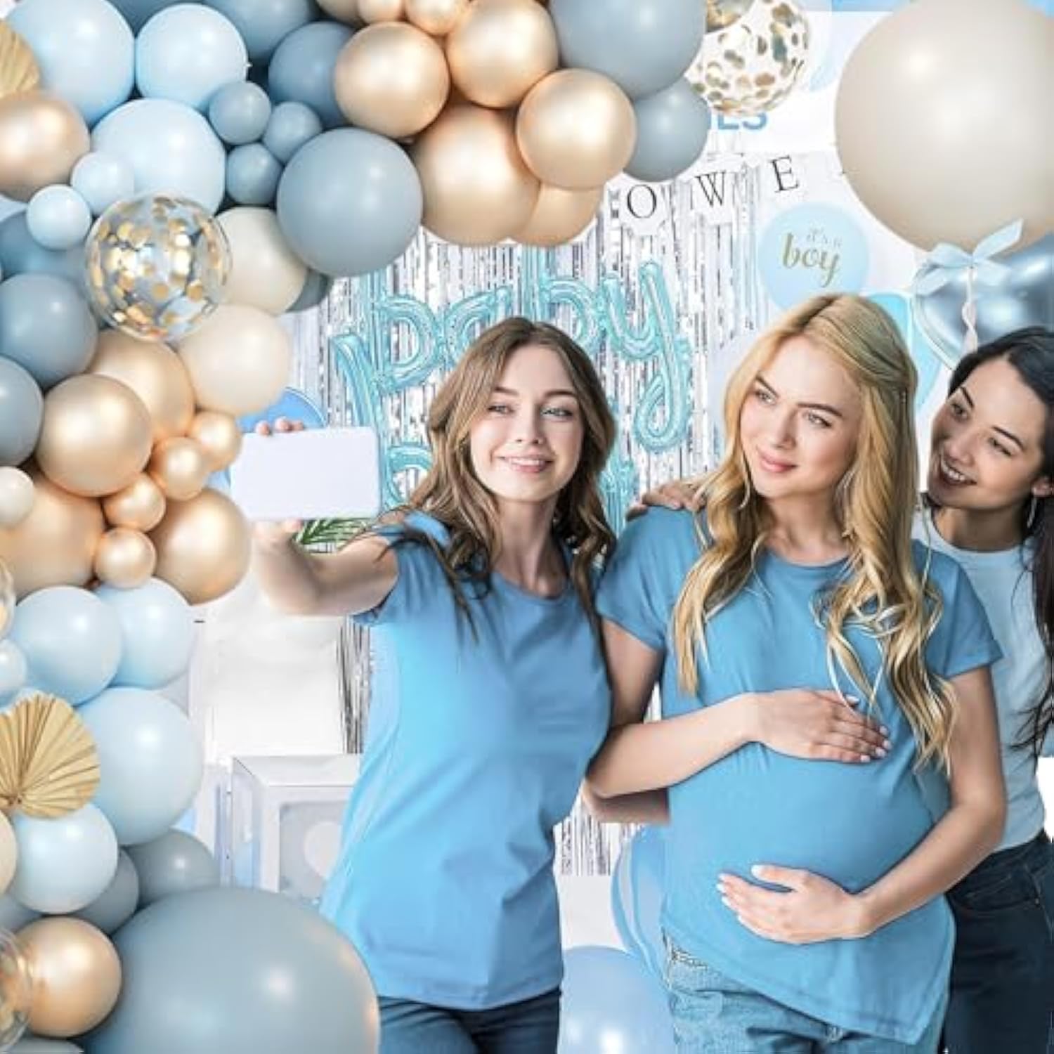 Dusty Blue Balloon Garland Kit: Gold Confetti, Baby Shower Decor