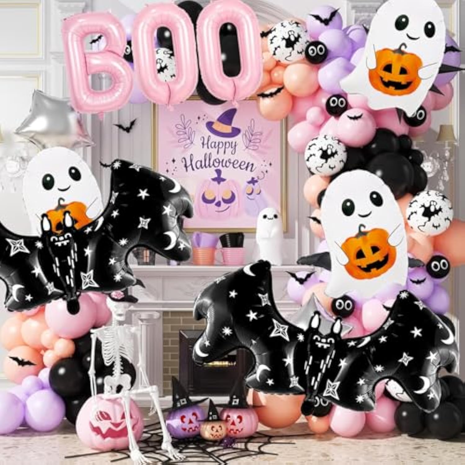 Pink Halloween Balloon Set: BOO, Ghost & Bat Foil Balloons