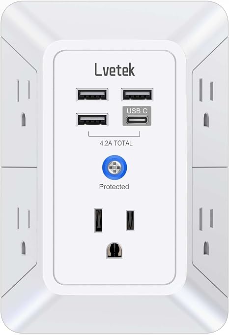 Wall Outlet Extender Surge Protector with 5 Outlets 4 USB Ports 1 USB C 1680J Multi Plug Adapter