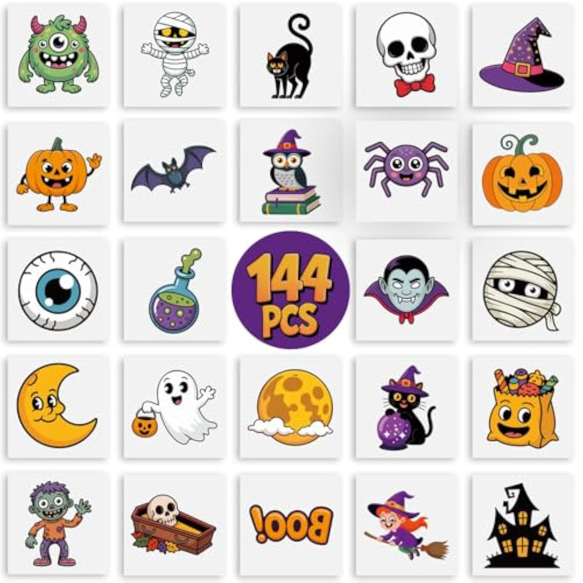 144Pcs Halloween Temporary Tattoos For Kids – 24 Unique Child-Friendly Designs, Perforated Sheets – Trick Or Treat Party Favors, Classroom Handouts, Exchange Gifts