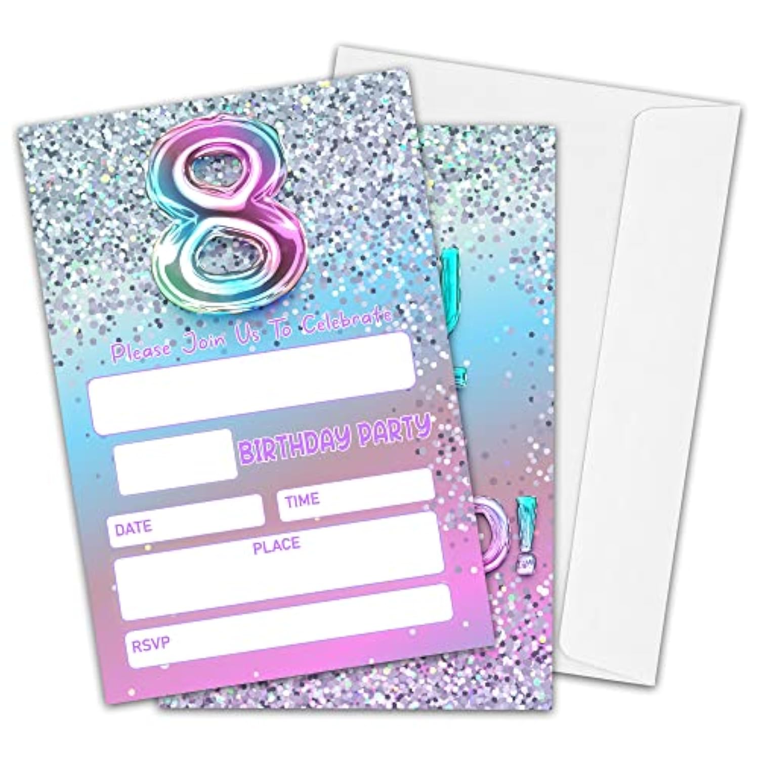 8Th Birthday Party Invitations For Girls Or Boys, Silver Glitter Theme Birthday Parties Supplies Decorations, Rainbow Balloons Fill-In Invites(20 Invitations And Envelopes)-D04