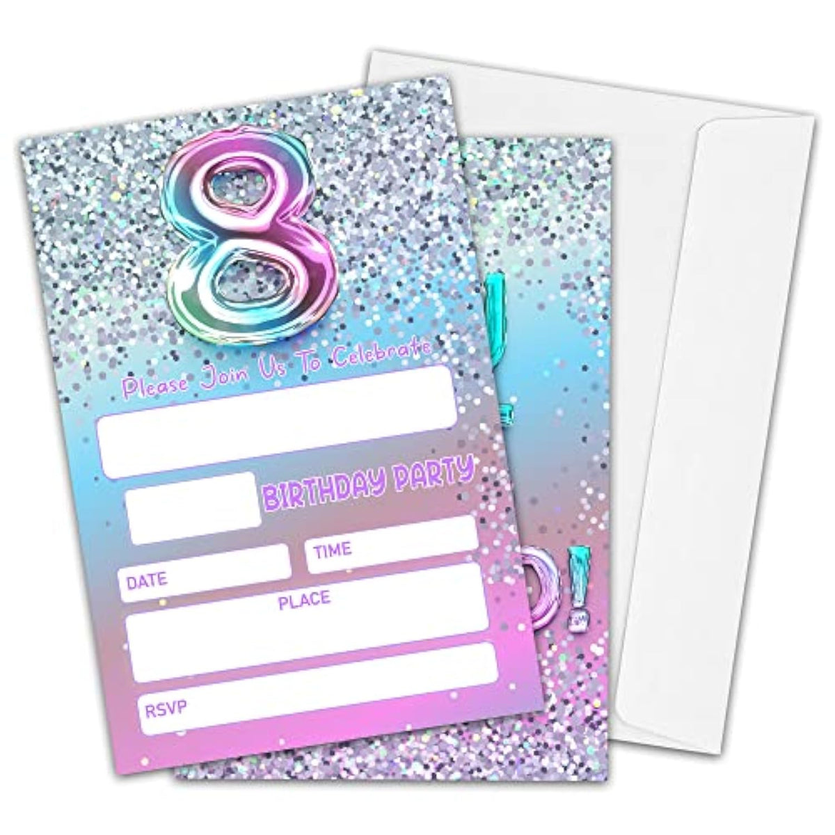 8Th Birthday Party Invitations For Girls Or Boys, Silver Glitter Theme Birthday Parties Supplies Decorations, Rainbow Balloons Fill-In Invites(20 Invitations And Envelopes)-D04
