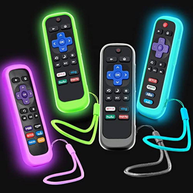 4Pack Case For Roku Remote, Cover For Hisense/Tcl Roku Tv Steaming Stick/Express Universal Replacement Controller Silicone Sleeve Skin Glow In The Dark Green Sky Purple Black