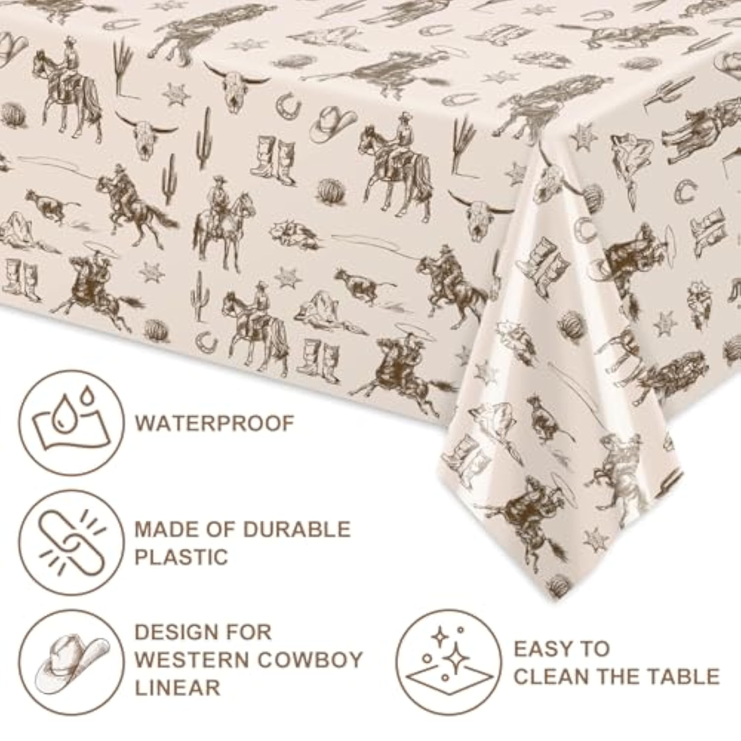 6Pcs Western Cowboy Rectangle Tablecloth Brown Wild West Rodeo Plastic Disposable Table Cover For Farmhouse Baby Shower Birthday Picnic, 54 X 108 Inch