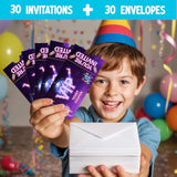 30pcs Neon VIP Birthday Invitations Purple Cards with Envelopes for Kids
