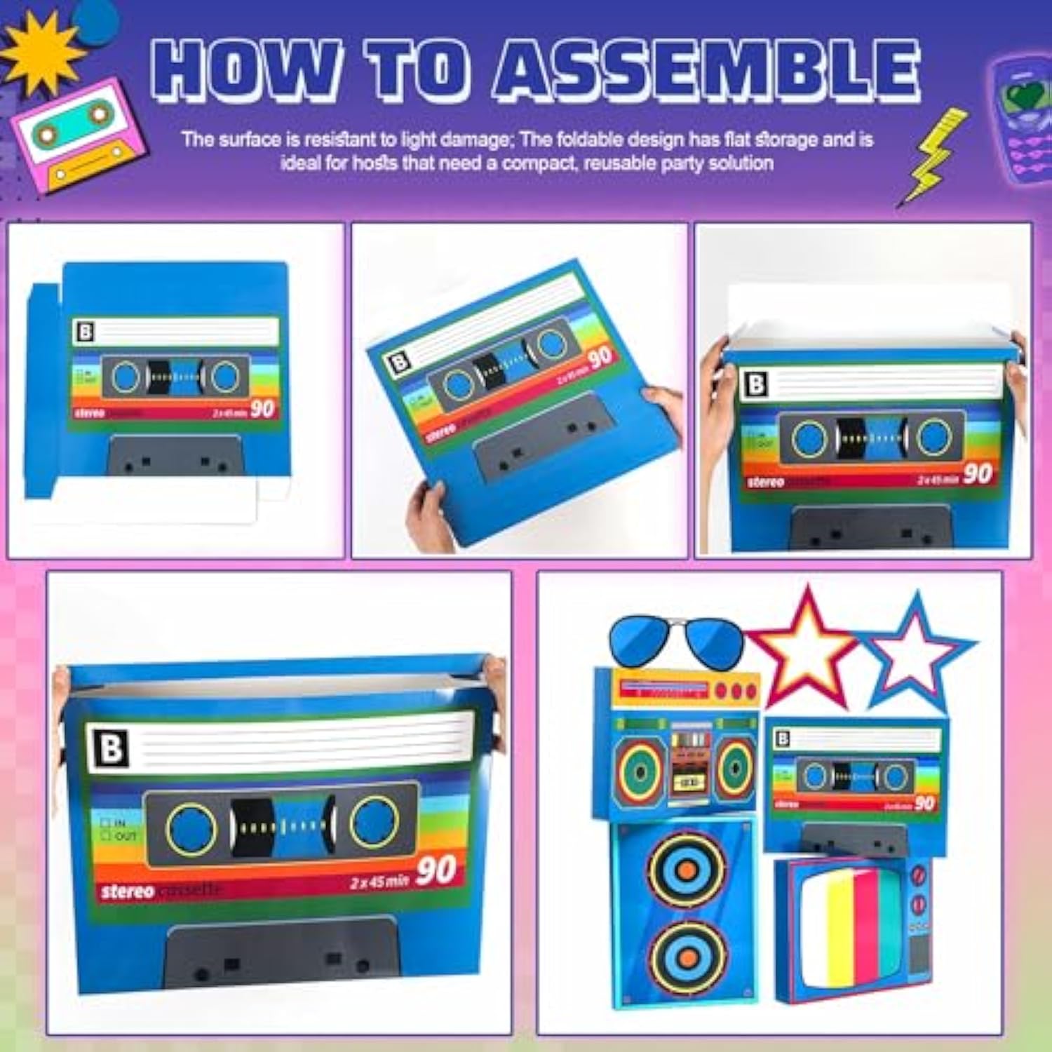 7 Pcs Large 80S 90S Party Decorations 3D Hip Hop Favor Set Paper Boombox Cassette Boxes For Retro Back To 1980S 1990S Theme Birthdays Music Neon Decoration