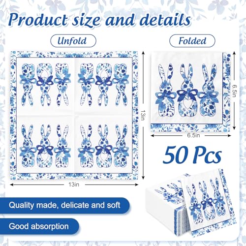 50 Pcs Easter Paper Napkin Blue Chinoiserie Bunny Disposable Luncheon Napkins Rabbit Decorative Dinner Napkin for Holiday Birthday Baby ShowerParty Tableware Supplies