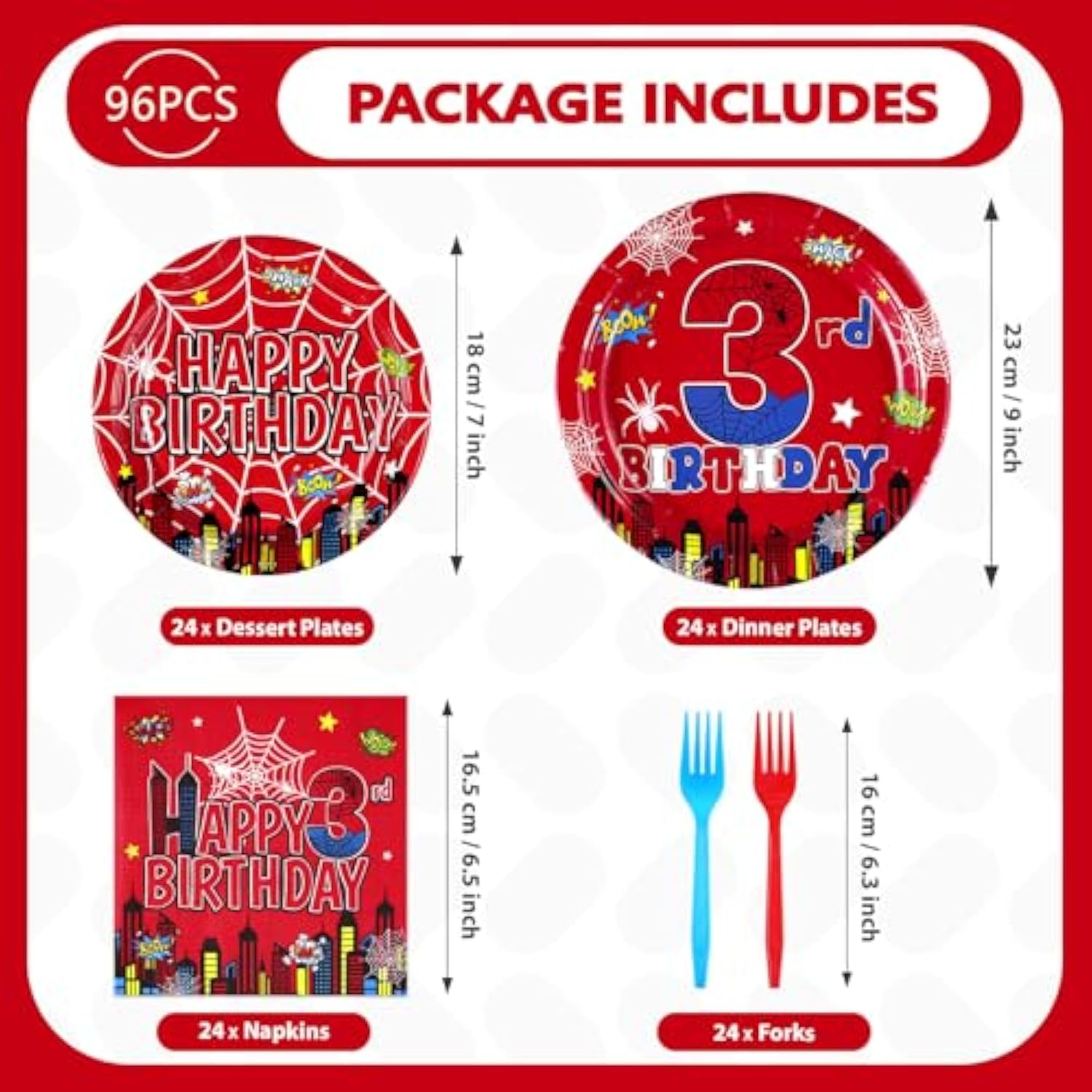 96Pcs Spider 3Rd Birthday Decorations For Boys Super Theme Hero 3Rd Birthday Plates And Napkins Blue Red Spider Three Year Old Decoration Favors For Kids 3 Year Old Party Supplies Serves 24