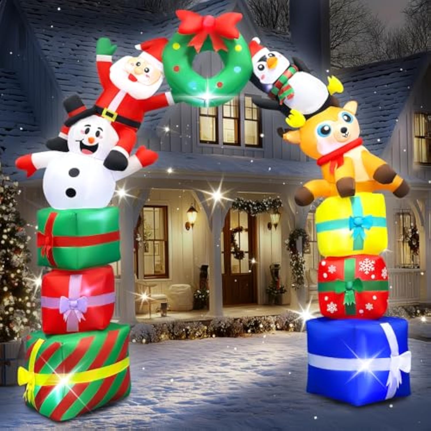 8Ft Christmas Inflatables Archway Outdoor Decorations, Santa Penguin Snowman Reindeer With Giftbags Built-In Led Lighted