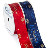 2 Rolls Christmas Ribbon For Wrapping,Red And Blue Ribbon With Gold Sn