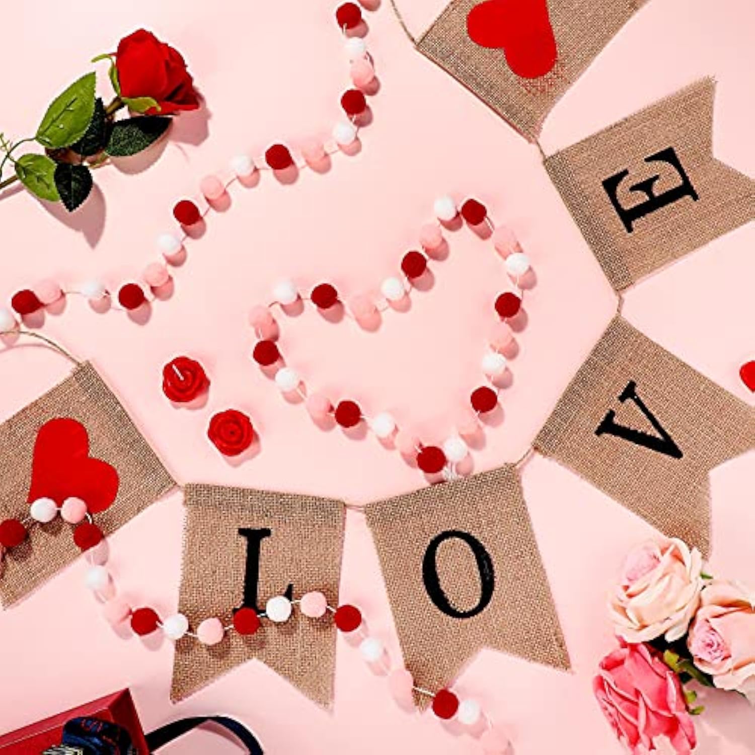 4 Pieces Valentines Day Banner Decoration Love Burlap Banner Felt Ball