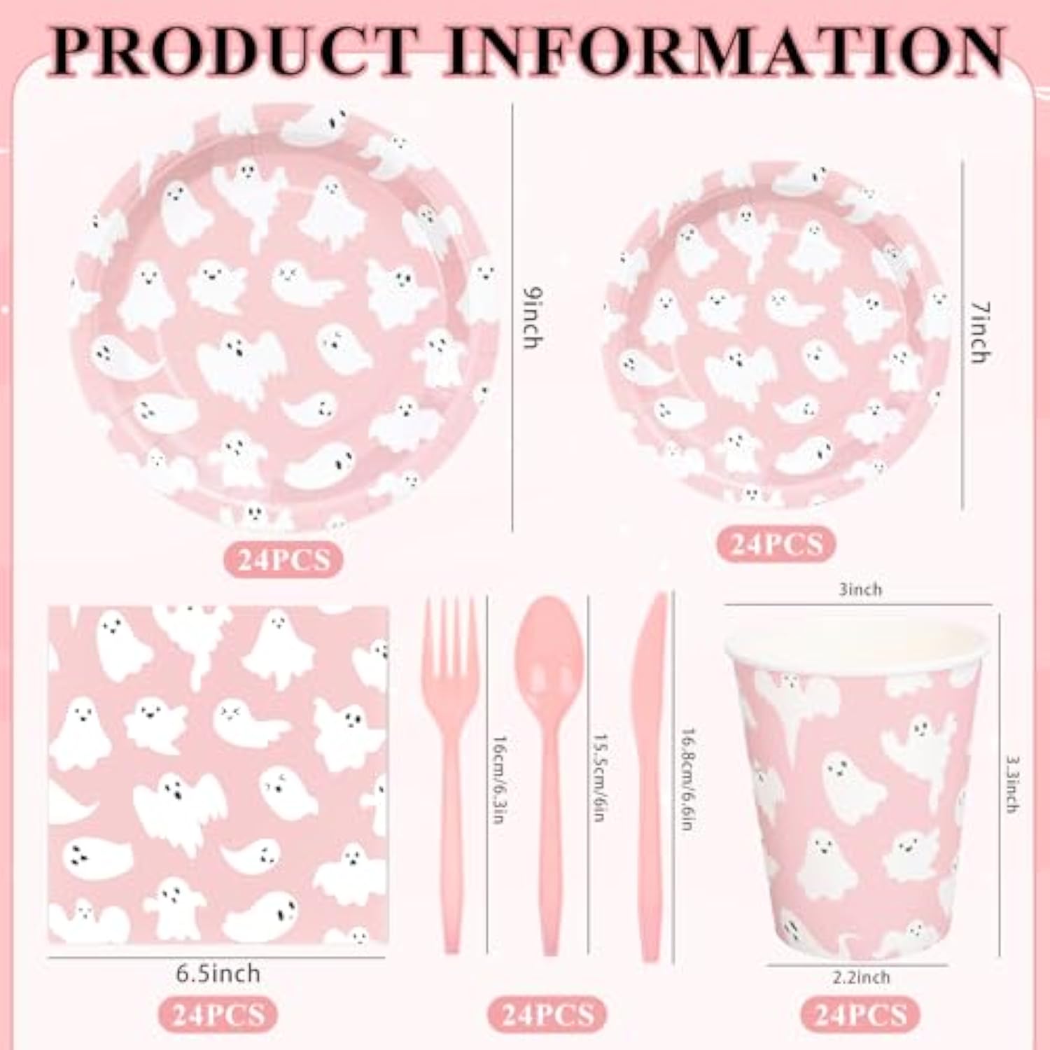 168Pcs Halloween Ghost Tableware Set Pink Boo Plates Napkins Cups Cutlery for 24 Guests