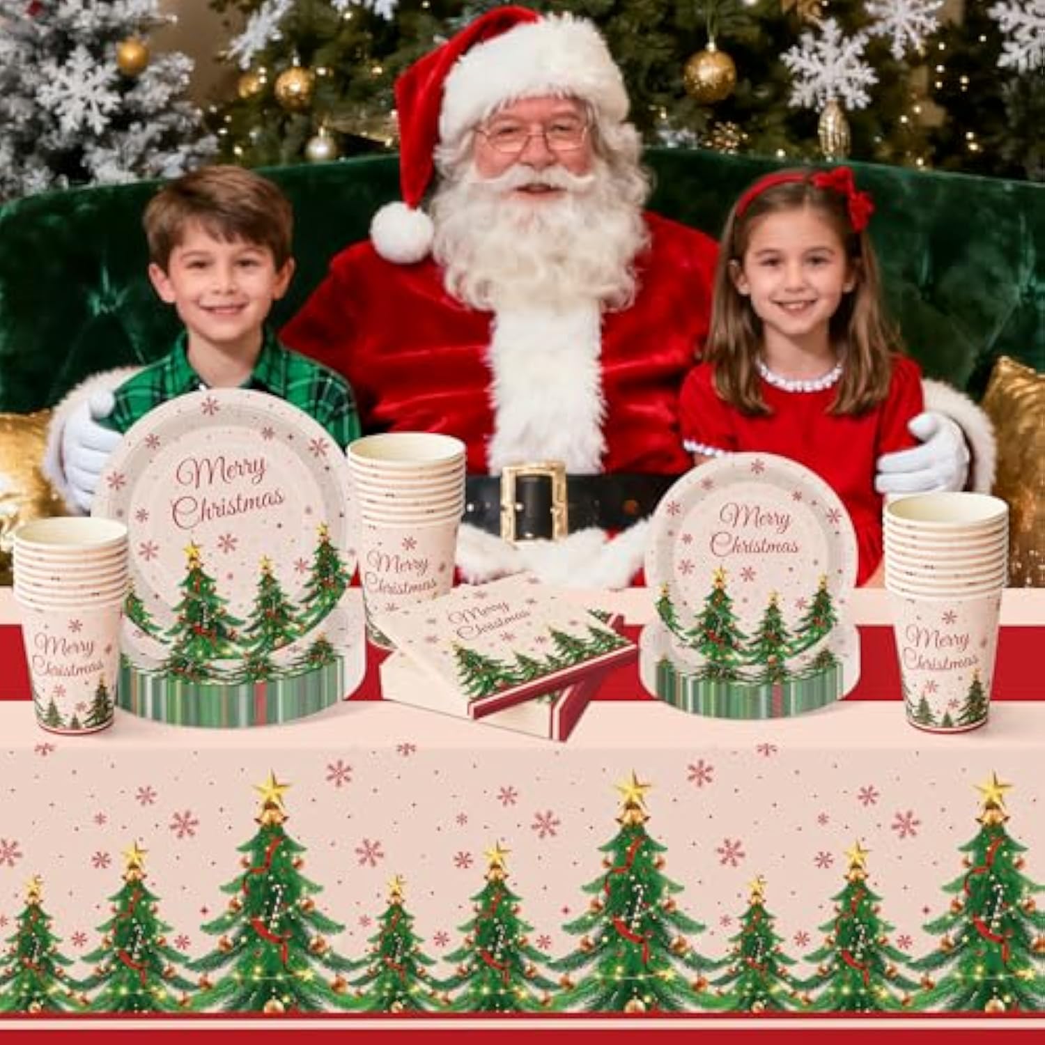 Christmas Party Supplies,102 Pcs Xmas Tree Themed Party Set,Christmas Decoration Dinnerware Set,Disposable Tablecloths Plates Cups Napkins Xmas Tableware For Home,Dinner,Picnic,Holiday,Parties