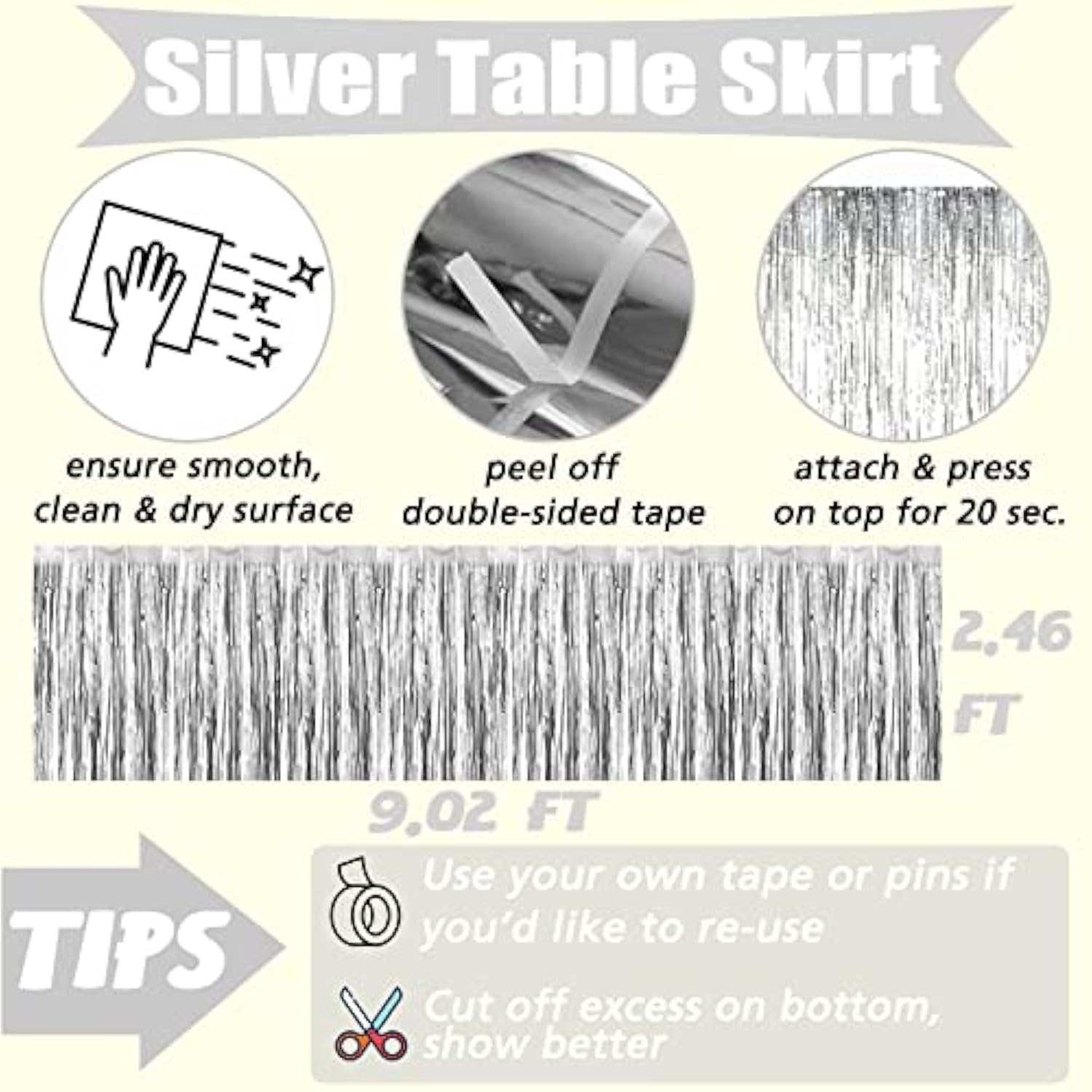 6 Pack 29X108 Inch 2024 New Year Metallic Foil Fringe Table Skirts Banner For Tinsel Streamer Garland Curtains Backdrop For Parade Floats Wedding Baby Shower Birthday Party Decoration Silver