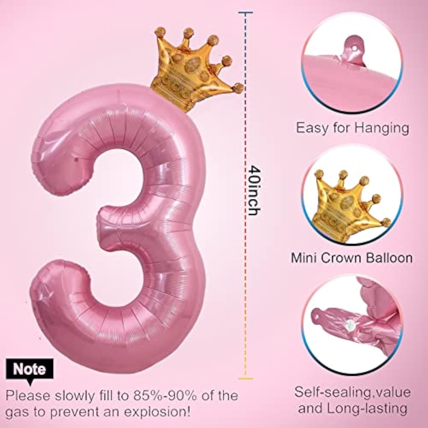 40 Inch Pink Number 3 & Mini Crown Balloon For Birthday Party Decorations, 3Rd Birthday Party Decorations Pink Theme Party Balloons Decorations Supplies