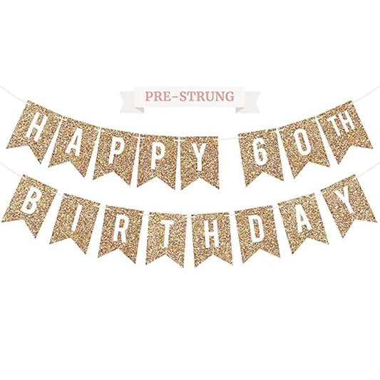Pre-Strung Happy 60Th Birthday Banner - No Diy - Gold Glitter 60Th Birthday Party Banner For Men & Women - Pre-Strung Garland On 6 Ft Strands - Gold Bday Party Decorations & Decor - No Diy