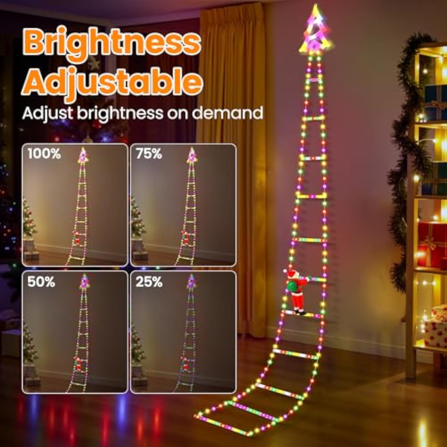 Christmas Ladder Lights With Santa Claus, 248 Led Rope Ladder Light, 8 Lighting Modes & 6H Timer, Waterproof Xmas Decora