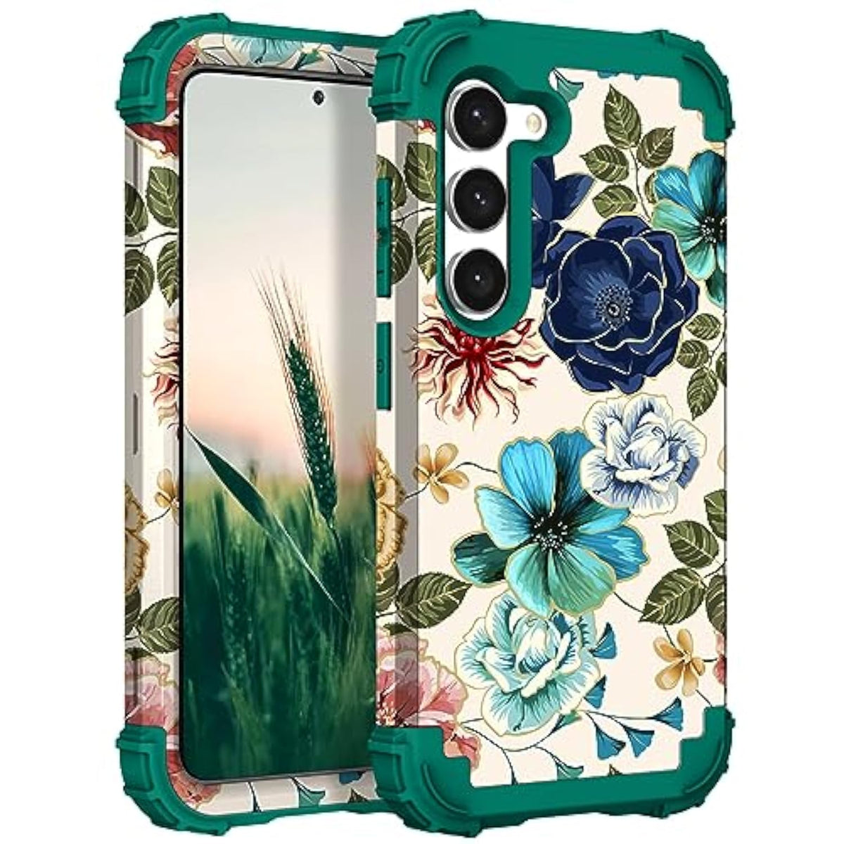 For Galaxy S23 Plus Case, Shockproof Heavy Duty Protection Soft Silicone Rubber Bumper+Hard Plastic Hybrid Protective Case For Samsung Galaxy S23 Plus (6.6") 2023 - Teal Flowers