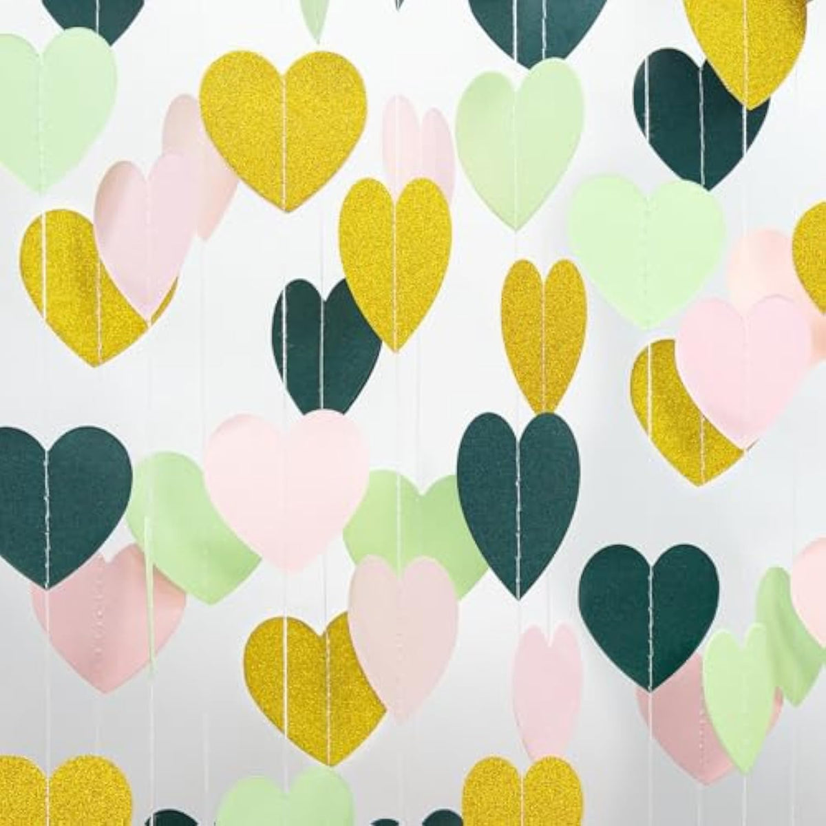 Sage-Green Pink Gold Party-Decorations - Paper Heart Garland Streamers Woodland Theme Baby Shower Bridal Shower Birthday Decoration Wedding Bachelorette Engagement Hanging Decor