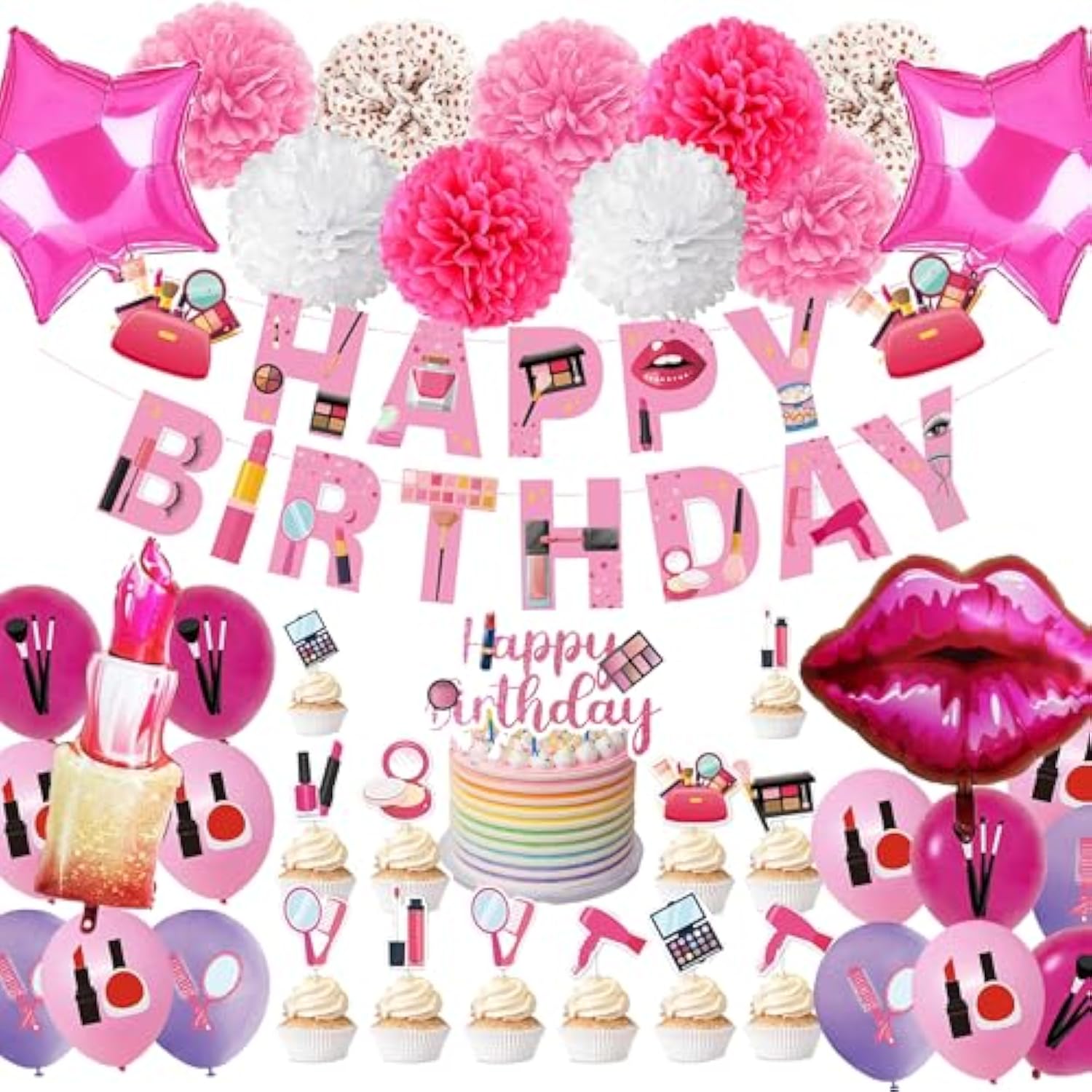 Makeup Party Supplies, 66Pcs Spa Party Decorations Set-Makeup Theme Party Decoration Happy Birthday Banner Happy Brirthday Makeup Birthday Cake Topper Kit, Party Decorations For Girls Women