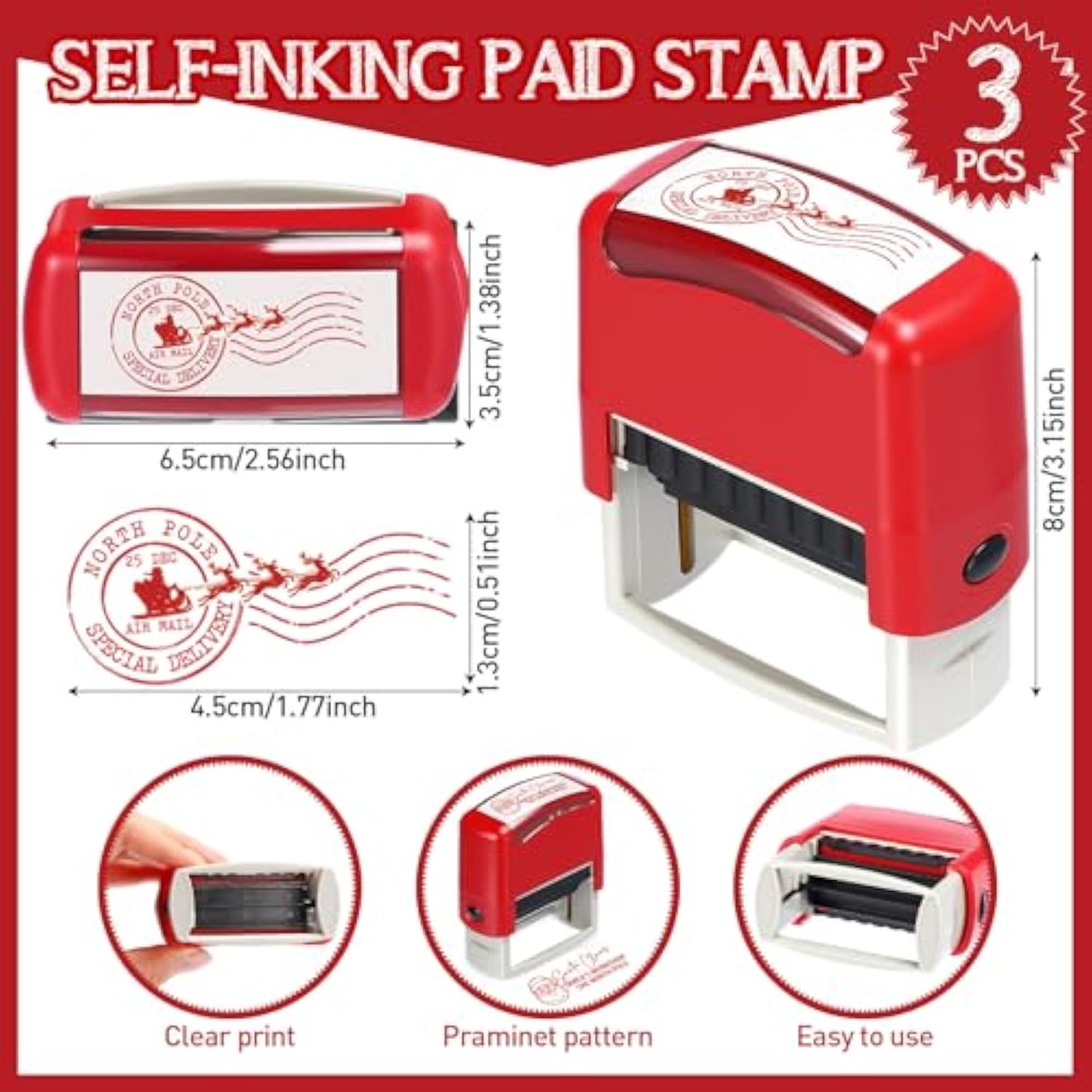 3 Pcs Christmas Self Rubber Stamps With Red Ink North Pole Self Inking Stamp Santa Claus Signature Reindeer Christmas Tag For Adults Office School Party (Red)