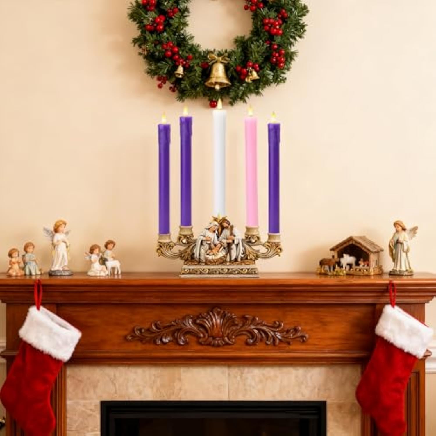 Flameless Advent Candles Battery Operated With Remote, Set Of 5 Wax Christmas Taper Nativity Candles, Led Advent Wreath Candles For Church Home Christian Decor, 3 Purple & 1 Pink & 1 White