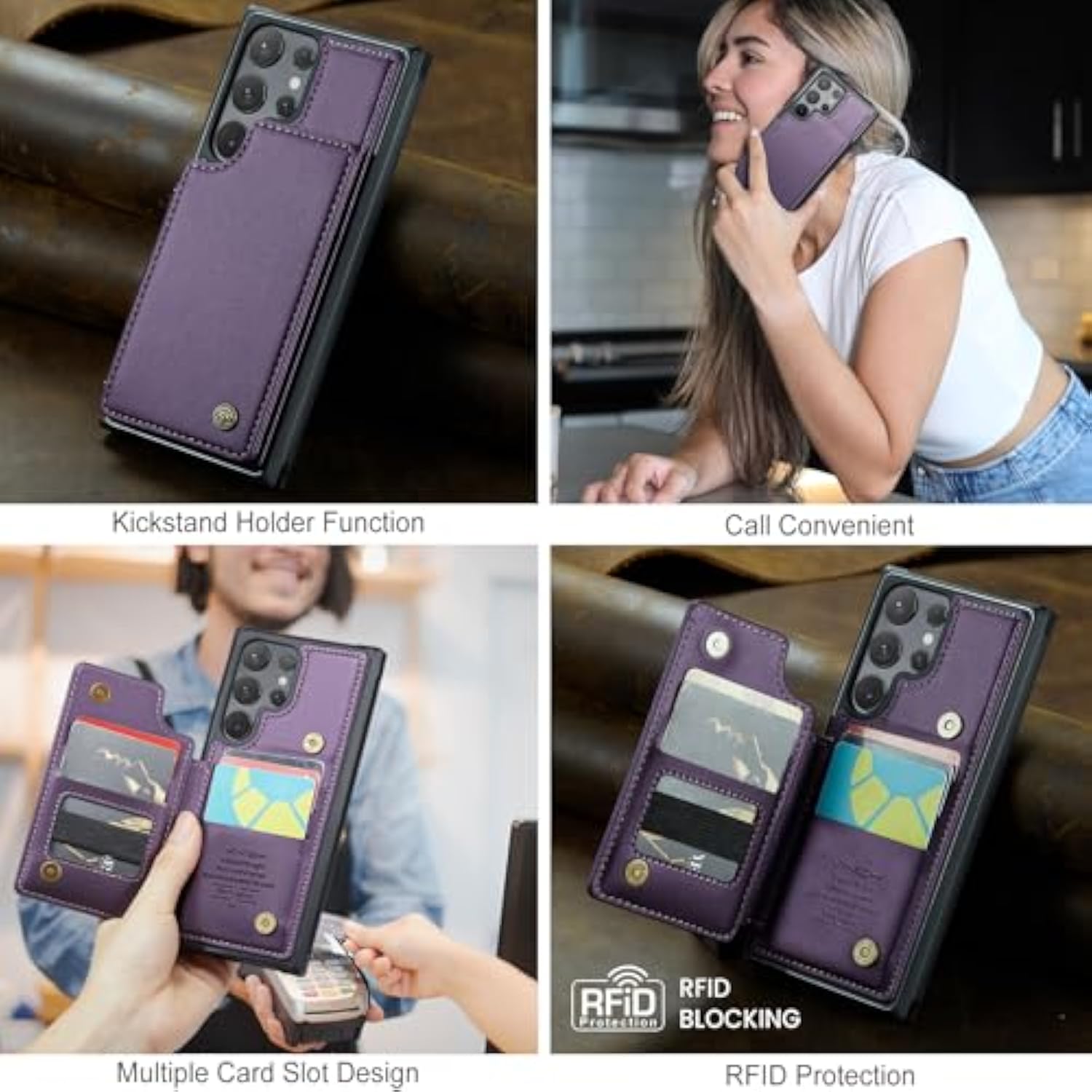 For Samsung Galaxy S24 Ultra Wallet Case With Card Holder, Rfid Blocking Credit Slots Kickstand Shockproof Phone Cover For Women Men, Purple