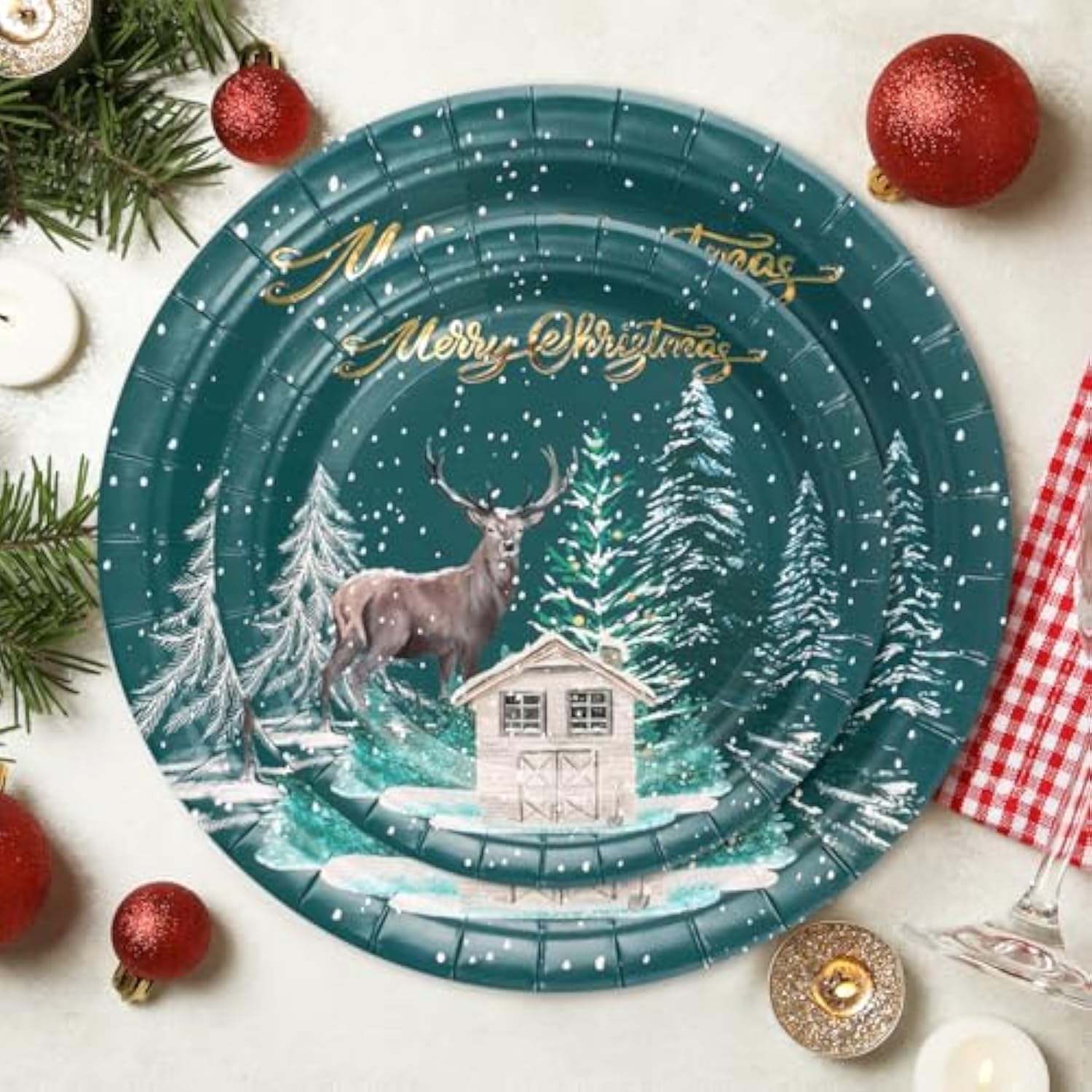 50Pcs Christmas Paper Plates Sets - Merry Christmas Lettering, Green Forest, Reindeer, Gold Foil Design Disposable Party Plates Decorative Tableware Supplies Table Decor - 7 Inch & 9 Inch