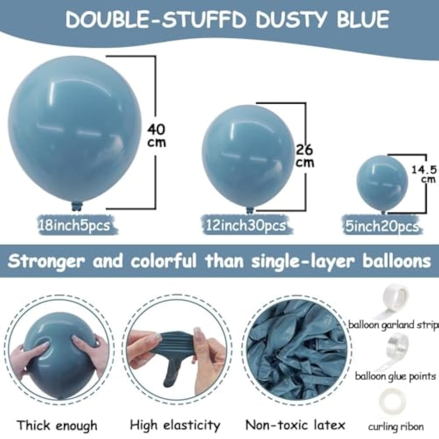 Dusty Blue Balloon Double Stuffed Slate Baby Blue Balloons Different Sizes 18/12/5 Inch Pastel Light Latex Arch Kit For Birthday Baby Shower Gender Reveal Wedding Party Decorations