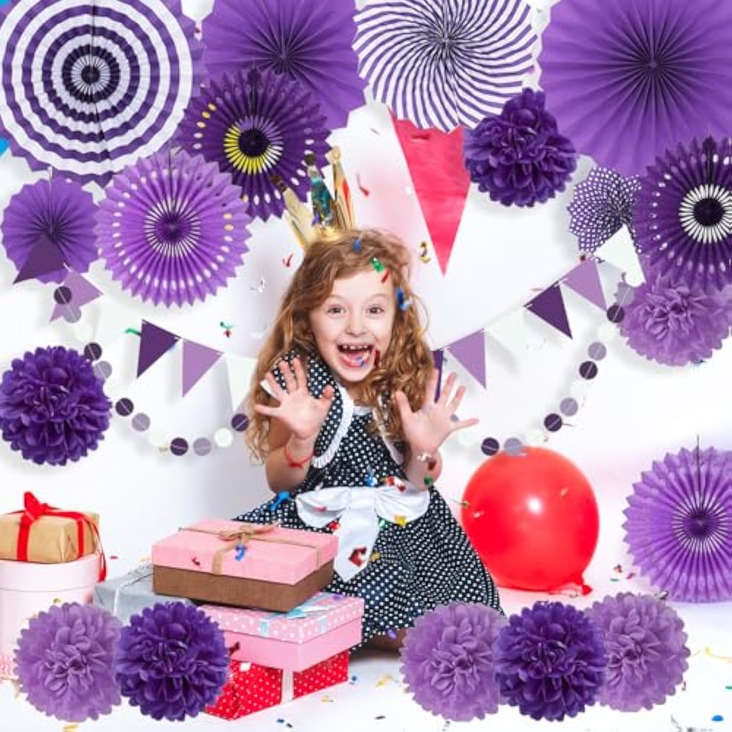 Purple Party Decorations With Hanging Paper Fan, Tissue Paper Pom Poms, Circle Dots Garland, Triangle Pennant For Birthday Bridal Shower Wedding Party Decorations (Purple)