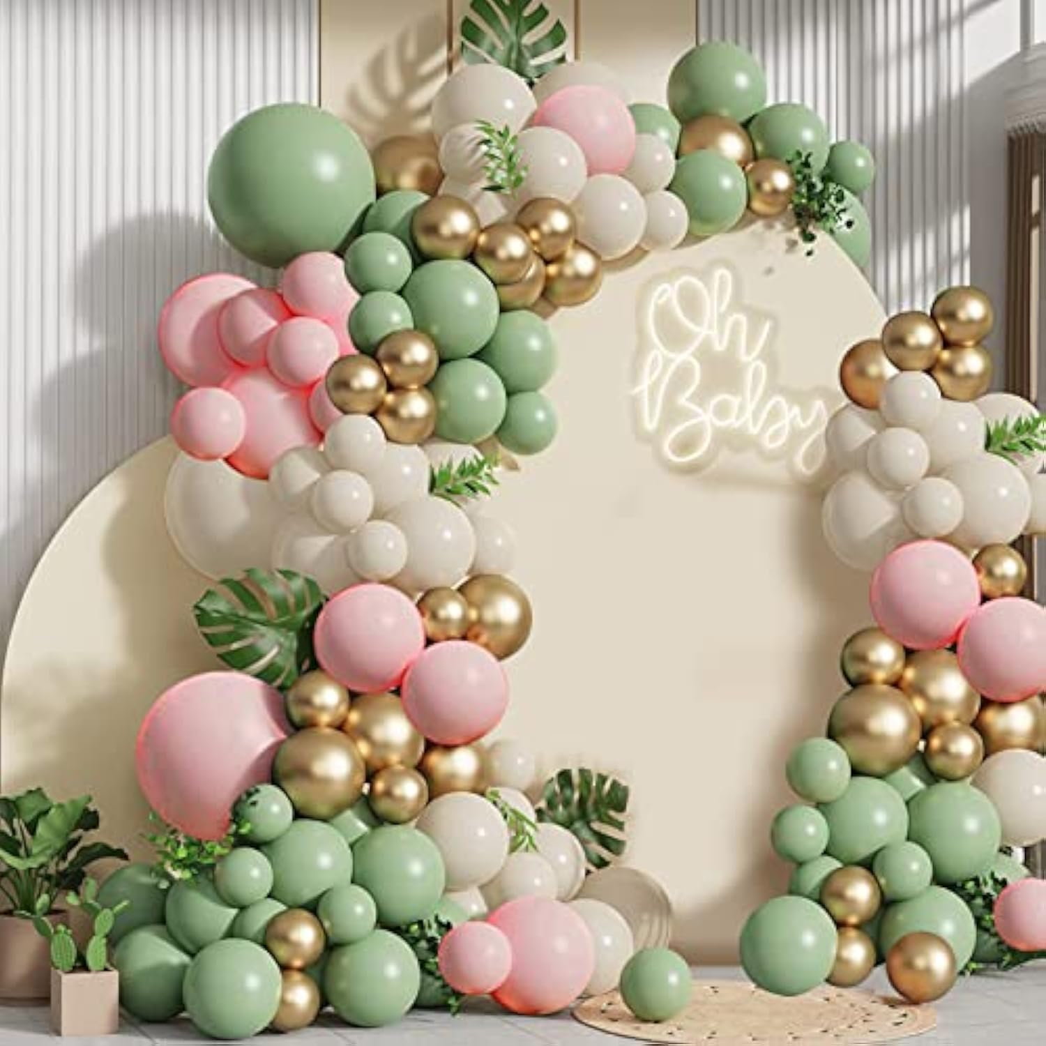 Sage Green Pink Balloons Garland Kit,133Pcs Olive Green Blush Pink Sand White Metallic Gold Balloons For Girl Baby Shower Bridal Shower Wedding Birthday Jungle Safari Woodland Party Decorations…