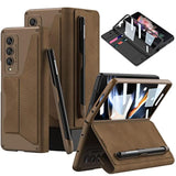 For Samsung Galaxy Z Fold 4 5G With S Pen Slot, Armor Cases Full Body Protective Anti-Scratch Hard Slim Leather Bracket Case With Screen Protector For Galaxy Z Fold 4 5G (Brown)