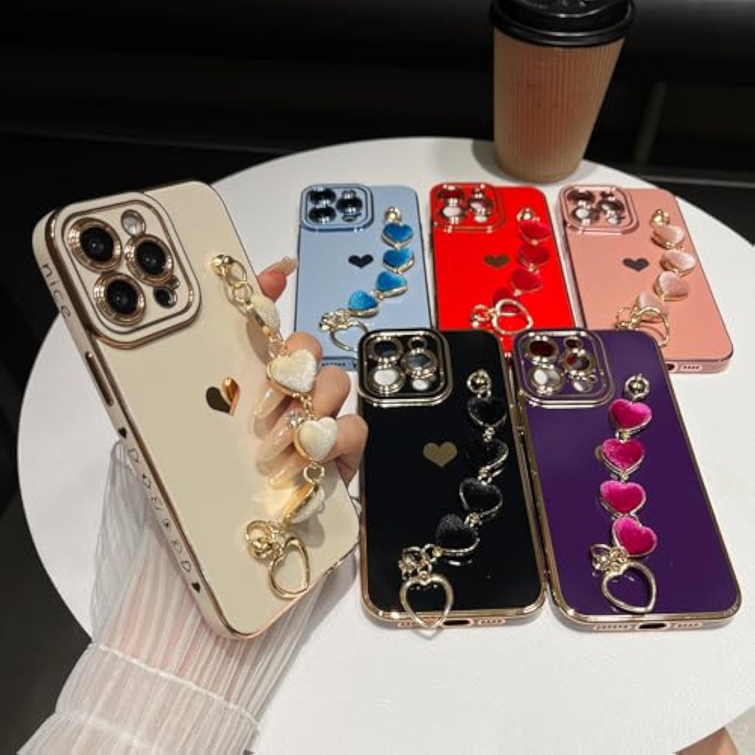 For Iphone 14 Pro Max Case,Cute Plating Love Heart Wrist Strap Chain Bracelet Phone Case (Black)