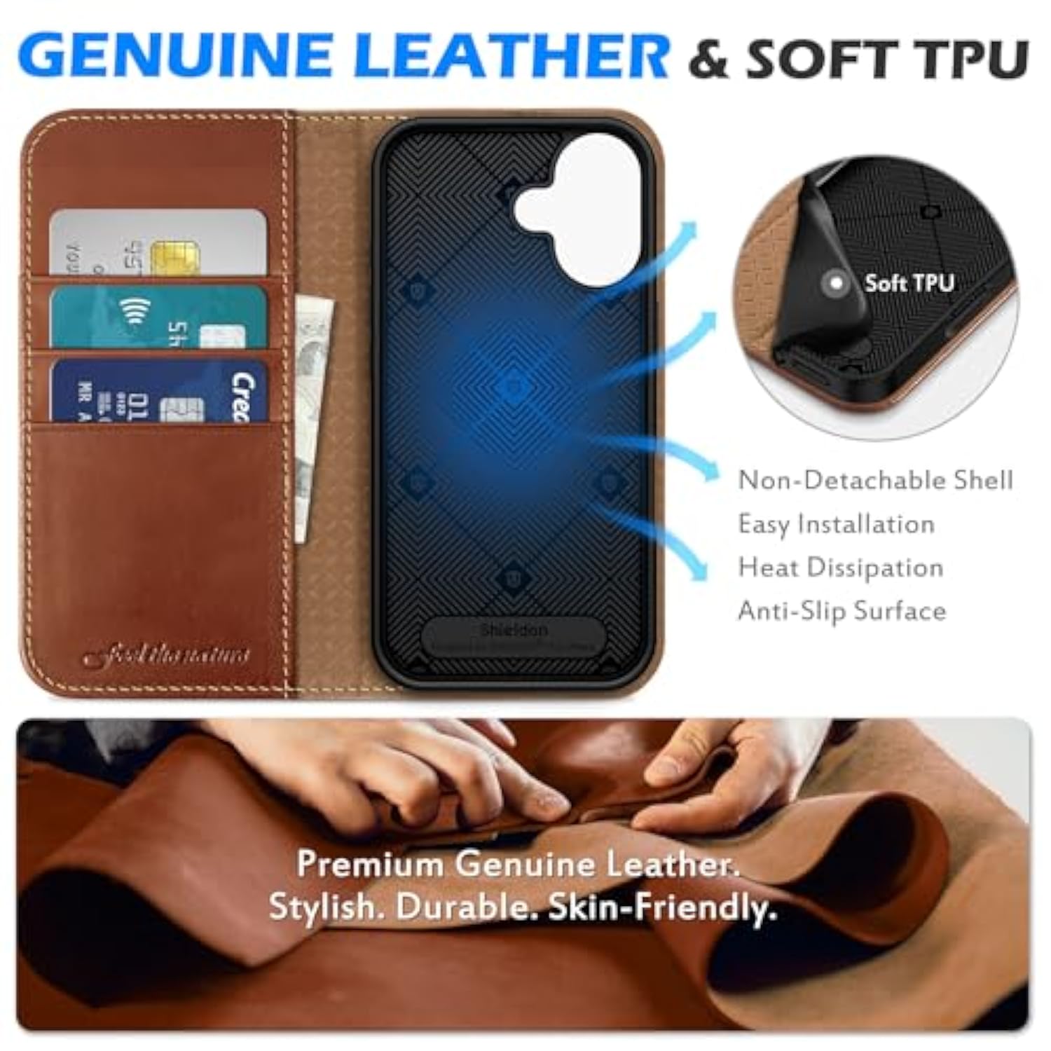 SHIELDON Case for iPhone 16 5G 6.1", Genuine Leather Wallet Flip Magnetic Closure Cover RFID Blocking Credit Card Holder Kickstand TPU Shockproof Case Compatible with iPhone 16 2024 - Retro Brown