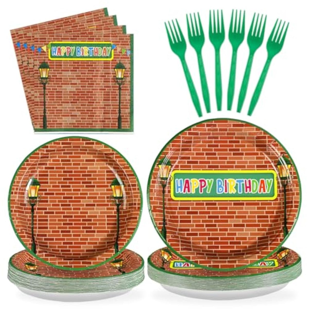 96 Red Brick Wall Street Party Supplies Modern Cartoon Sesame Plates And Napkins Tableware Sets Sesame Birthday Disposable Plate For Kids Birthday Baby Shower Serves 24