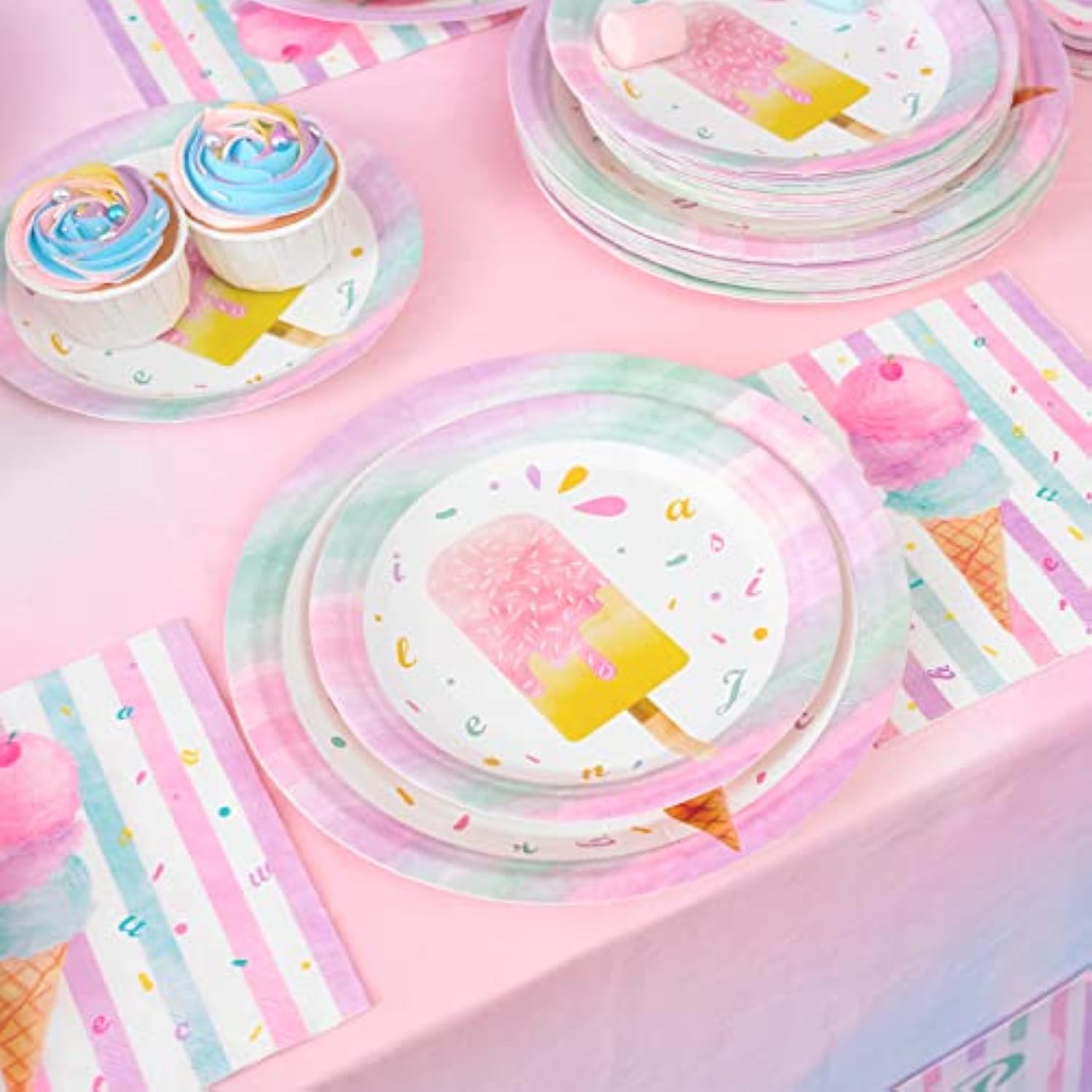 Ice Cream Plates And Napkins - Ice Cream And Popsicle Theme Party Supplies For Girls Birthday Disposable Tableware Dessert Plates Luncheon Napkins Serves 16 Guests 48Pcs