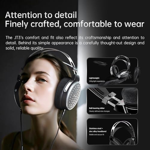 JT3 Over-Ear Open-Back Headphones, 50mm Dynamic Driver, PEK+PU Composite Diaphragm, Detachable 3.5mm Cable with Mic for Music & Gaming (Silver)