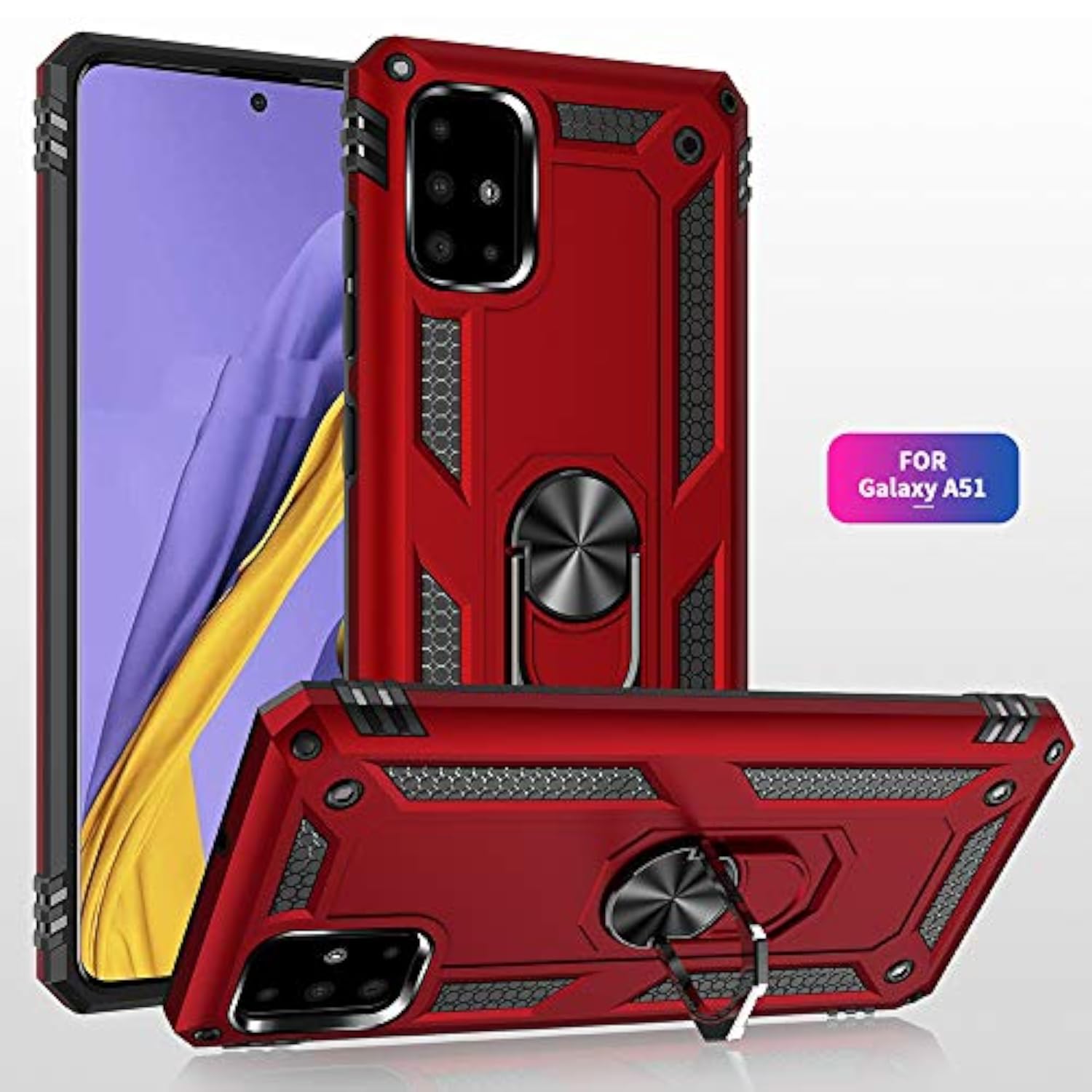 Heavy Duty Armor Case for Samsung Galaxy A51 4G Phone, 360 Metal Rotating Ring Kickstand Holder Magnetic Car Mount, Shockproof Full Body Cover with Anti-Fingerprint Soft Silicone Material, Blue