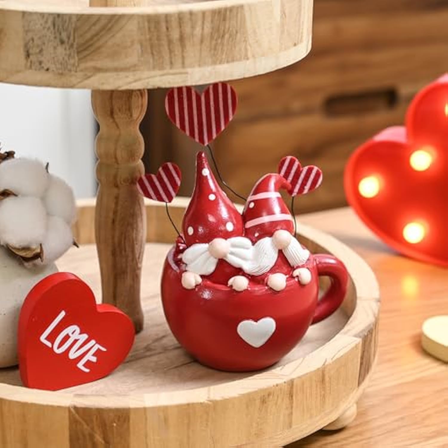 Red Valentine Gnome Couple In Coffee Cup, Valentine Gnomes For Table Decor, Red Small Gnome Figurine Set