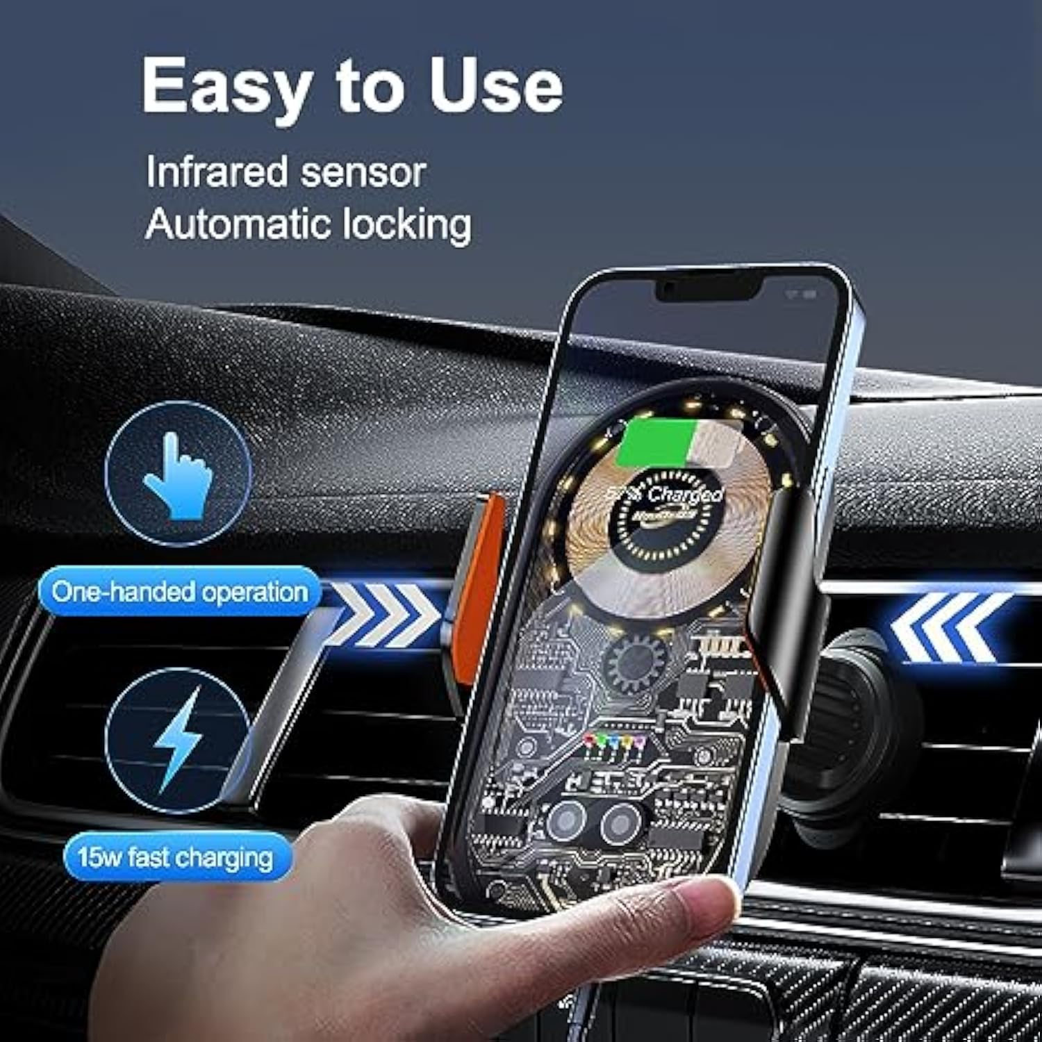 Car Phone Mount, Car Phone Mount Wireless Charger, Wireless Car Charger, Qi 15W Fast Charging Auto Clamp Mount Air Vent Phone Mount Compatible With All 4.7-7.2 Inch Devices