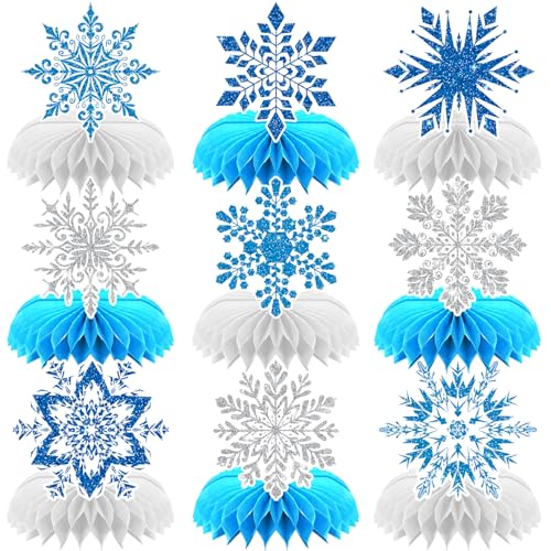 Winter Wonderland Decorations, 9Pcs Snowflake Honeycomb Table Centerpieces in Blue and White, Snowflake Table Decorations for Christmas Party, Baby Shower, Birthday, Holiday Events
