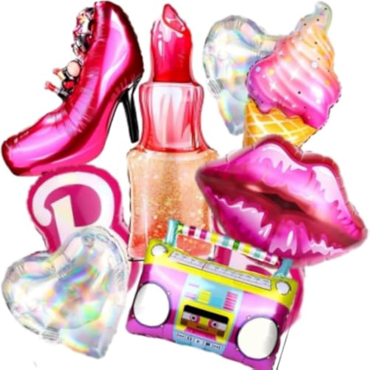 9 Pcs Pink Girls Head Balloons, 28”Hot Pink Lips Heart Lipstick Ice Cream Aluminum Foil Balloons For Girl Birthday, Princess Doll Theme Party Decorations Supplies, Baby Shower.