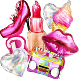 9 Pcs Pink Girls Head Balloons, 28”Hot Pink Lips Heart Lipstick Ice Cream Aluminum Foil Balloons For Girl Birthday, Princess Doll Theme Party Decorations Supplies, Baby Shower.